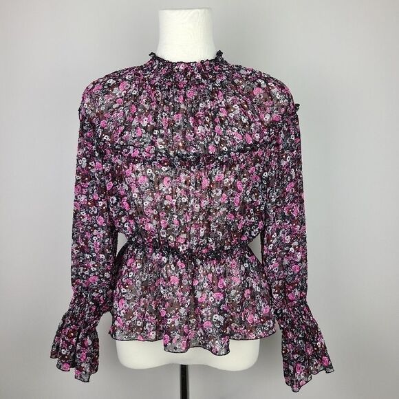 Zara Black & Pink Floral Mock Neck Peplum Blouse XS - Picture 3 of 16